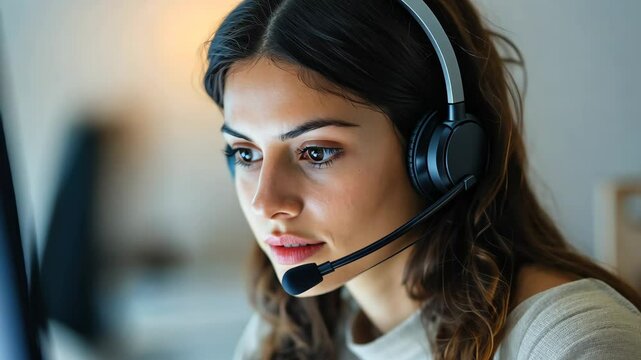 Focused customer service representative assisting client during virtual call