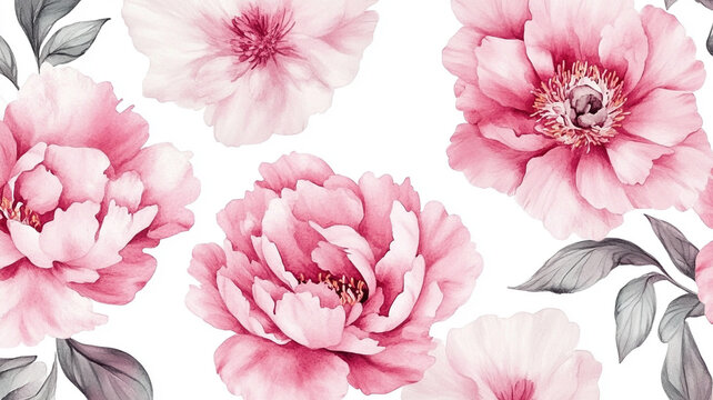 A vibrant collection of pink peonies and delicate blossoms are arranged against a clean white background, creating a refreshing and elegant visual. This layout is ideal for decor inspiration