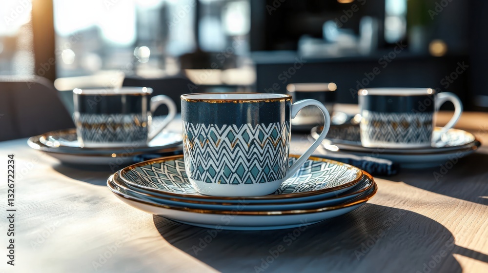 Poster elegant decorative ceramic dinnerware set on a dining table in soft light close-up view emphasizing 