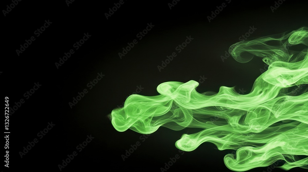 Poster abstract image of swirling, luminous green smoke against a stark black background. the smoke's form 