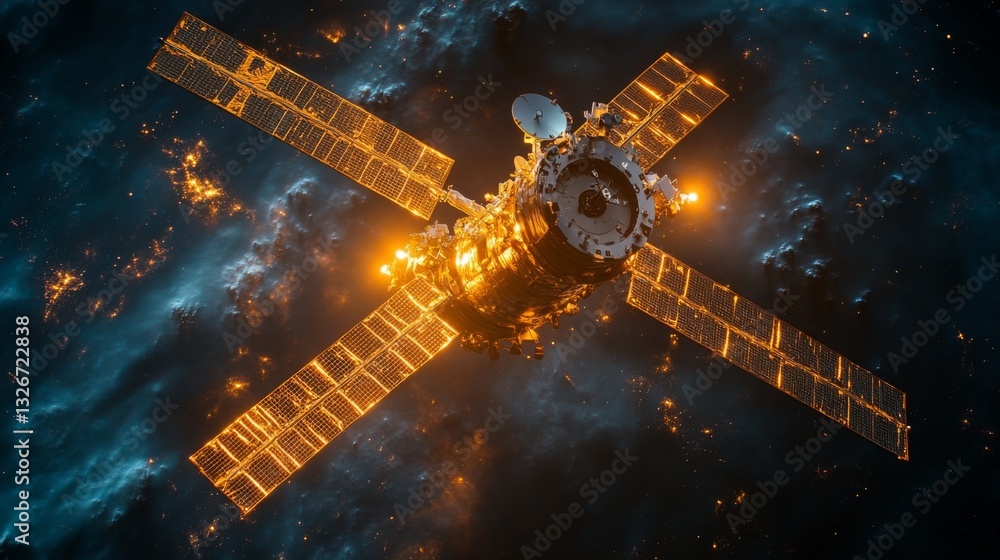 Poster The satellite orbits Earth, deploying solar panels while managing communication through transponders. It actively relays signals for a constellation network, enhancing broadband services.