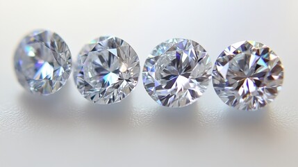 A row of loose diamonds arranged by quality grade under professional lighting