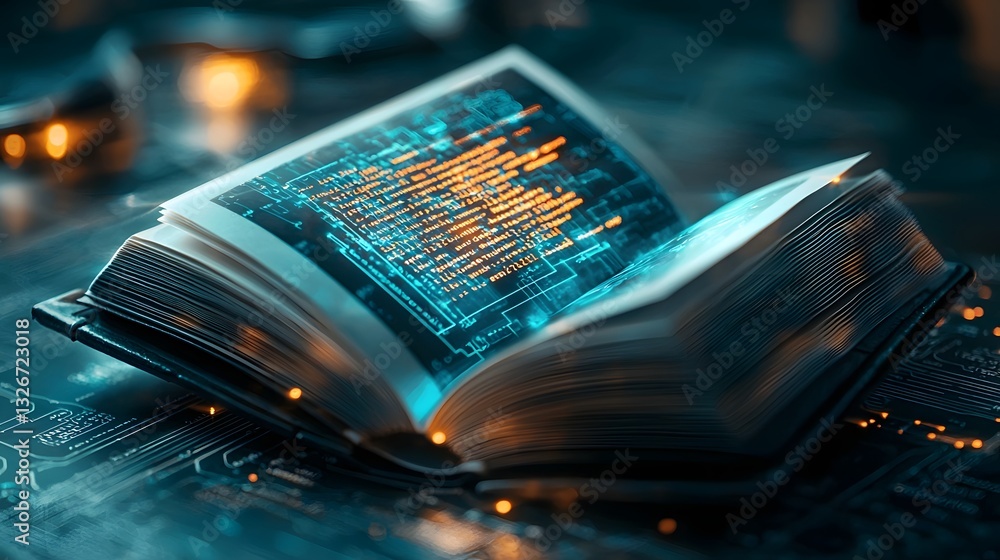 Poster A photograph of an open book where glowing lines of code emerge forming a holographic programming interface that appears to float above the pages