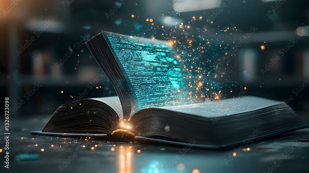 Poster a photograph of an open book where glowing lines of code emerge forming a futuristic holographic pro