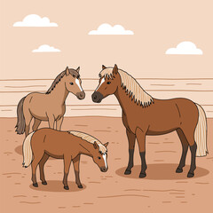 Obraz premium Illustration of Horses Standing in an Enclosed Paddock with Clouds
