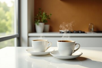 Fototapeta premium Two steaming cups of coffee on a bright kitchen table near a window