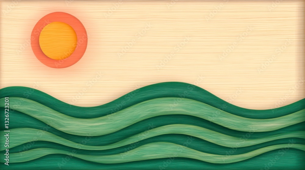 Poster abstract landscape art with layered green waves and a simple sun, created with a wood texture backgr