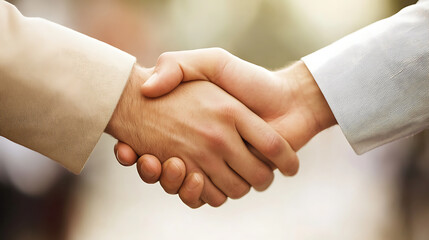 close up of two people shaking hands, symbolizing agreement, partnership, and trust in professional or business setting. handshake conveys confidence and mutual understanding