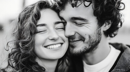 young couple shares joyful and affectionate moment, smiling with their faces close together. black and white photograph captures their curly hair and expressive emotions, emphasizing love and