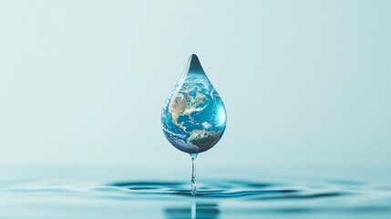 Fototapeta premium The Earth in a Drop: A striking visual of planet earth captured within a single water droplet, a potent symbol of environmental protection and the interconnectedness of our world.