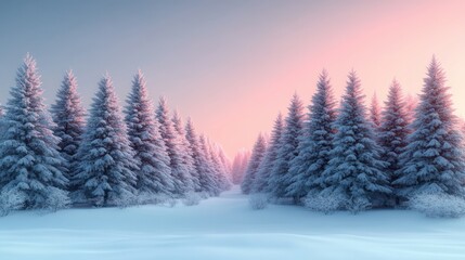 Serene Winter Forest with Snow-Covered Pine Trees and Pastel Sunrise Sky
