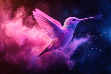 Fototapeta premium A hummingbird made of pink and purple powder, flying in the air and surrounded by colorful dust particles