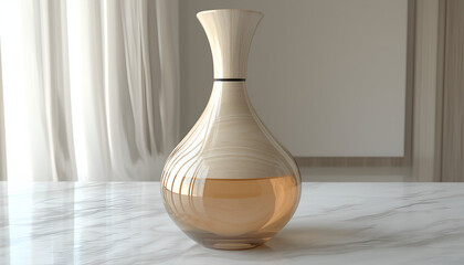 A beautifully designed vase with a light wood finish, containing a pale liquid, placed on a marble surface with soft natural lighting.
