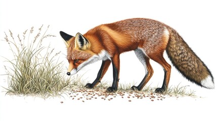 Fototapeta premium A red fox sniffing at scattered seeds on a grassy patch in the wilderness