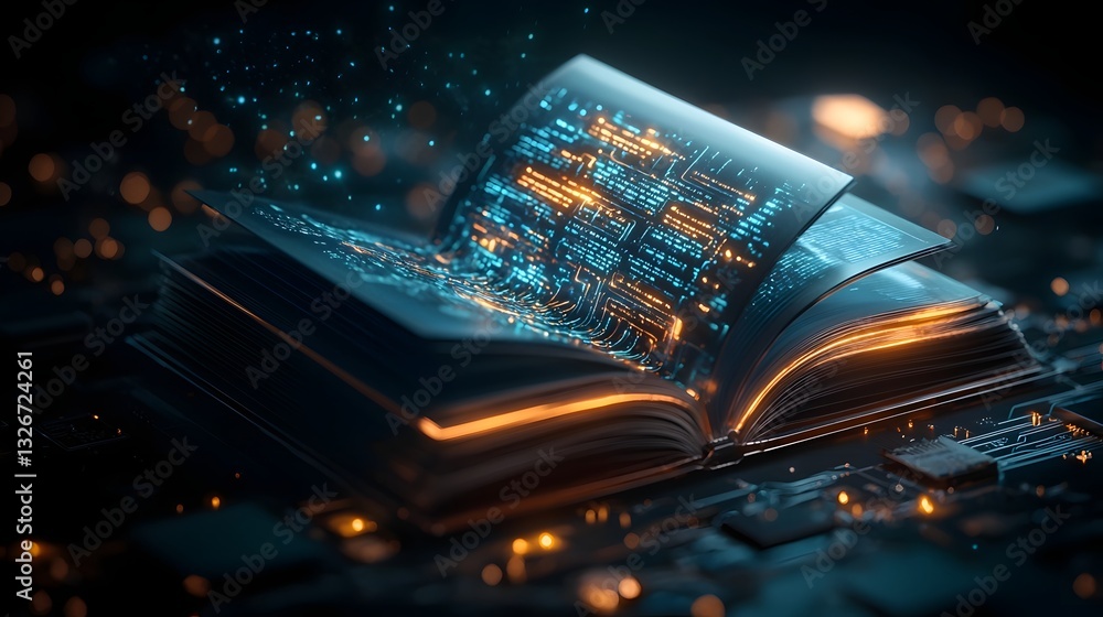 Poster futuristic digital circuit board revealed in the pages of an open book with neon lit data streams fl