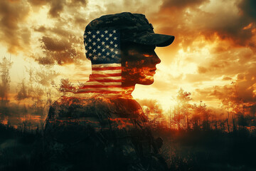 Double exposure image featuring an American soldier blended with the U.S. flag, symbolizing patriotism, service, and sacrifice. copy space
