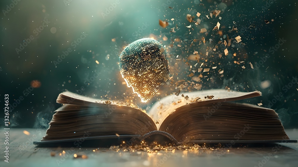 Poster Emerging Intelligence A visually captivating scene where a humanoid robot is being coded into existence its form emerging from streams of digital data within the pages of an open book
