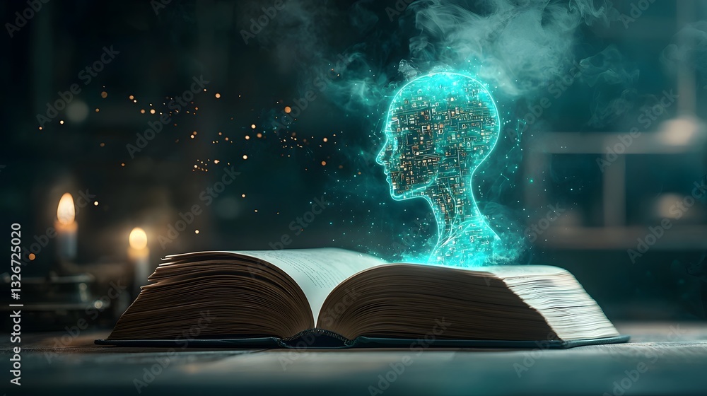 Poster conceptual image of a humanoid robot emerging and being coded into existence from the data streams o