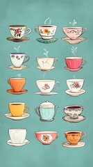 Various Decorated Tea Cups Are Arranged In A Pattern