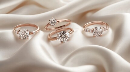 A set of diamond rings displayed on a soft white silk background with elegant lighting