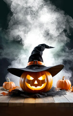 halloween pumpkin with witch hat over smoke background