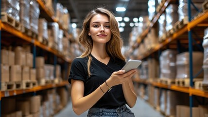 A woman in a warehouse managing inventory, scanning barcodes with a handheld device