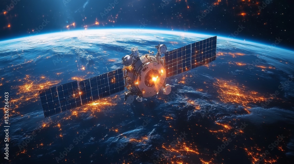 Poster a sophisticated satellite orbits earth, actively transmitting gnss signals for accurate positioning 