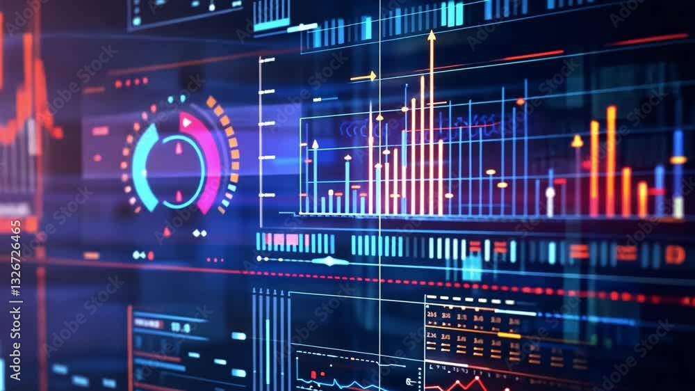 Poster futuristic digital interface showcasing colorful data visualizations with graphs, charts, and analyt