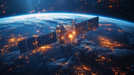 A sophisticated satellite orbits Earth, actively transmitting GNSS signals for accurate positioning and tracking. The illuminated surface below highlights urban areas, showcasing technology's reach.