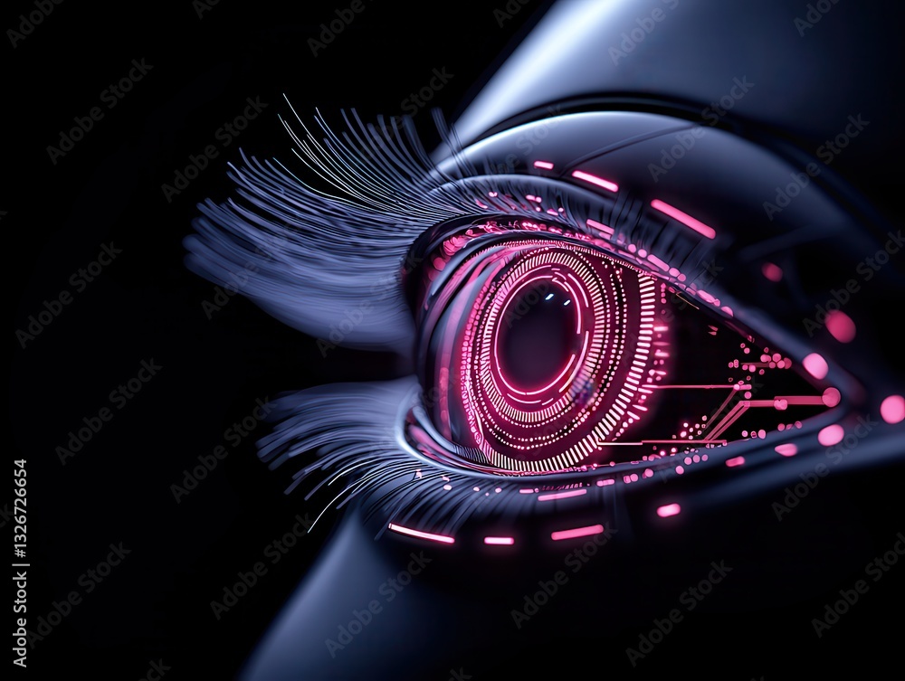 Poster futuristic robotic eye with digital circuits and vibrant colors in a dark setting