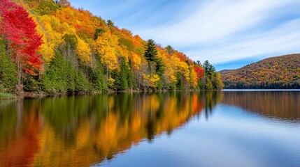 Fototapeta premium Vibrant autumn foliage reflected in a calm lake. Red, yellow, and orange trees line the shore under a partly cloudy sky. Tranquil fall landscape.
