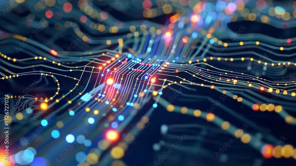 Poster vibrant digital circuit board with glowing lines and nodes represents advanced technology, connectiv
