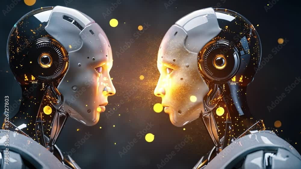 Aufkleber futuristic humanoid robots face to face glowing digital particles and advanced artificial intelligen