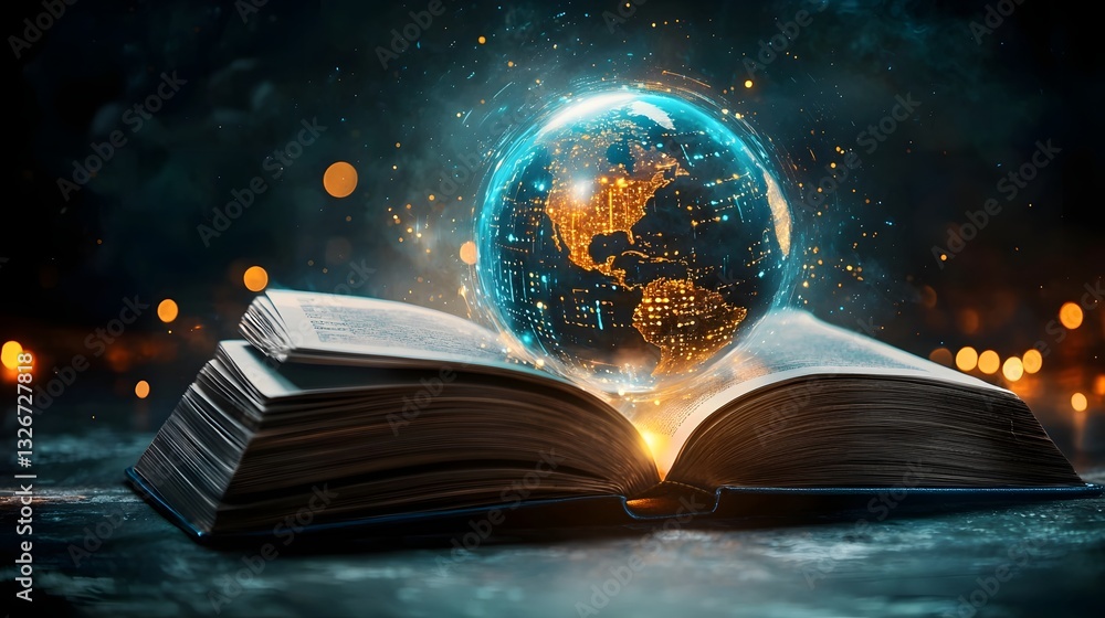 Poster holographic earth revealed in open book with programming scripts symbolizing global connectivity and