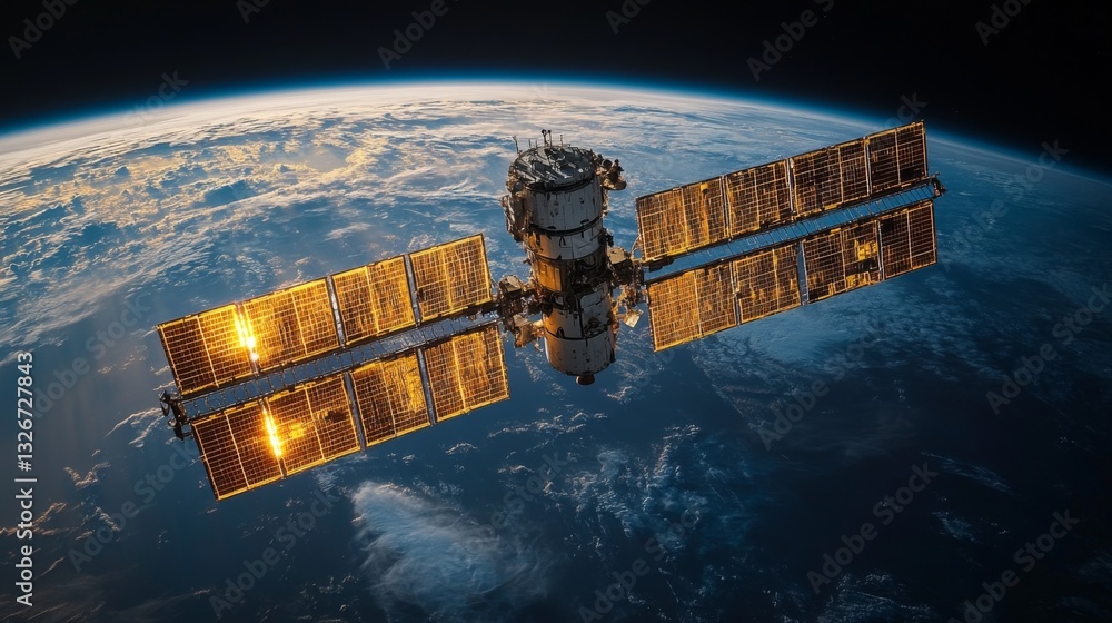 Poster a spacecraft orbits earth, utilizing solar panels to gather energy. it actively transmits telemetry 