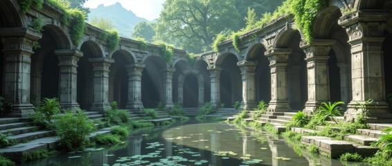 Ruins of the sacred temple with green vegetation. Beautiful natural wallpaper.