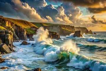 Fototapeta premium Dramatic Coastal Scene: Ocean Waves Crashing on Southern England Shore