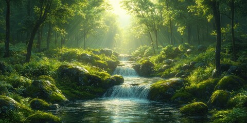 Vibrant Southeast Asian Rainforest with Lush Greenery and Flowing Stream