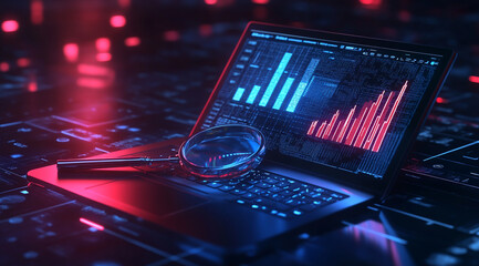 Obraz premium A laptop with a magnifying glass and a bar graph on the screen, a data visualization concept vector illustration of web analytics or a business rule.