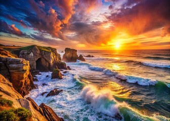 Naklejka premium Dramatic Coastal Sunset: Rocky Cliffs, Ocean Waves, Bokeh