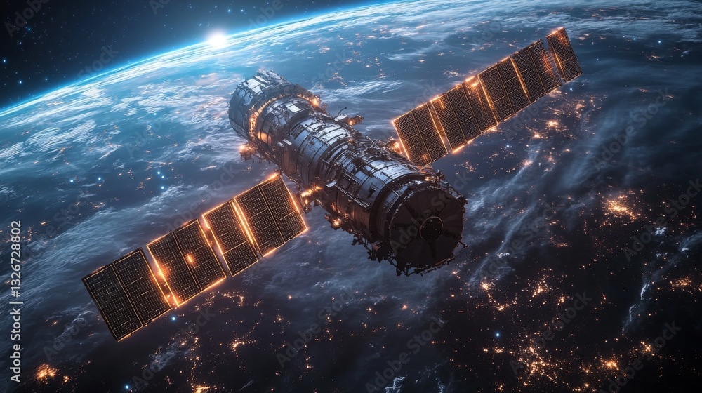 Poster An advanced spacecraft is positioned in low Earth orbit, collecting and transmitting data. It utilizes its solar panels for power and supports broadband communication systems.