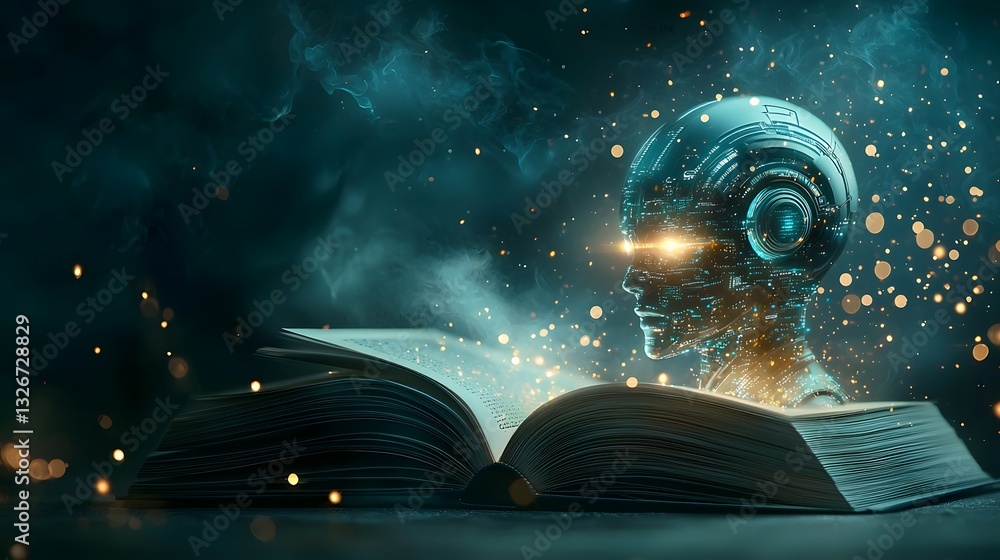 Poster a photograph depicting a futuristic humanoid robot emerging from the pages of an open book its body 