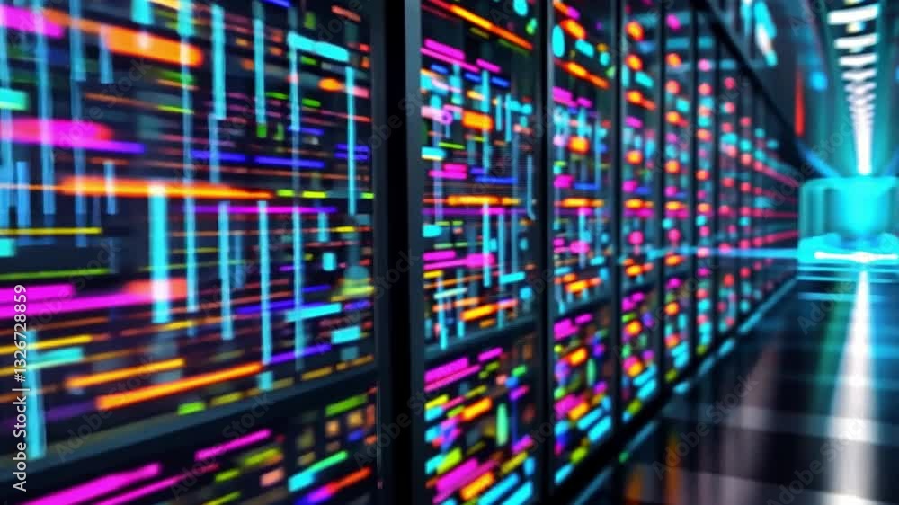 Poster vibrant display of colorful lights in data center showcasing futuristic servers and modern technolog