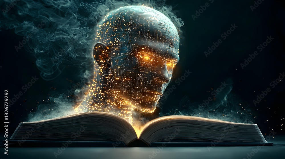 Poster futuristic humanoid robot emerging from the pages of a glowing data infused book interface its body 