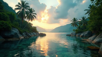 Fototapeta premium A serene tropical landscape with palm trees, clear water, and mountains in the background at sunset.