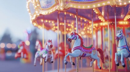 Colorful carousel horses spinning in a festive amusement park during the evening light