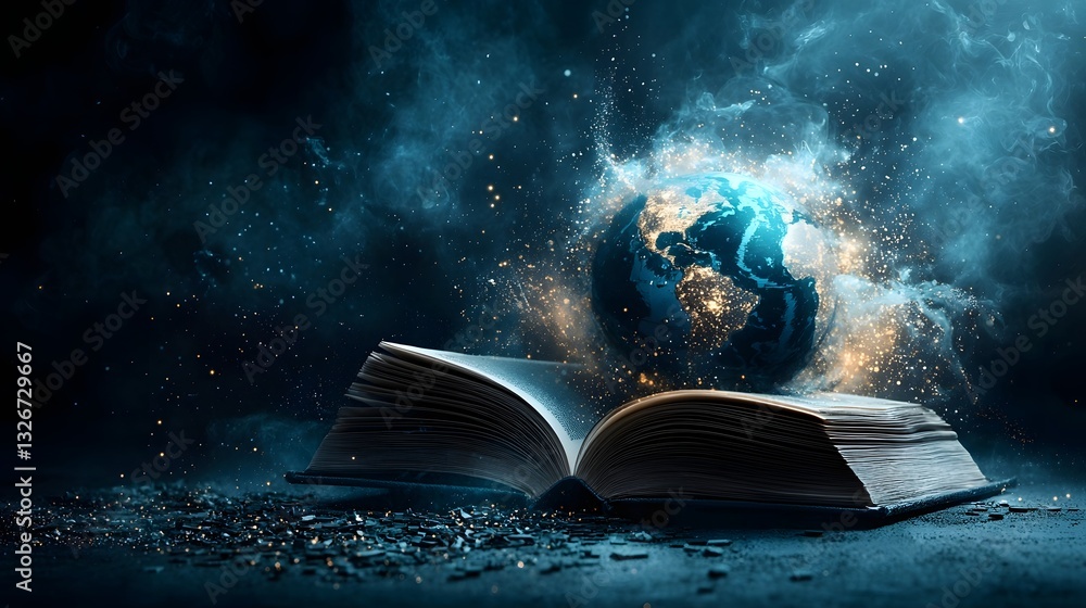 Poster holographic earth emerging from an open book symbolizing the interconnected global technology networ