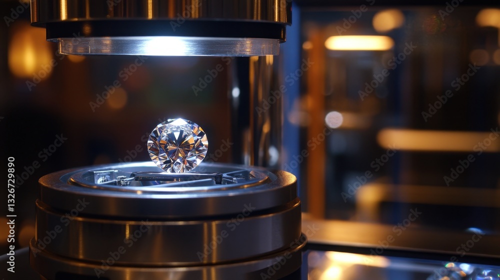 Poster a well-cut diamond displayed in a controlled lighting environment for quality verification