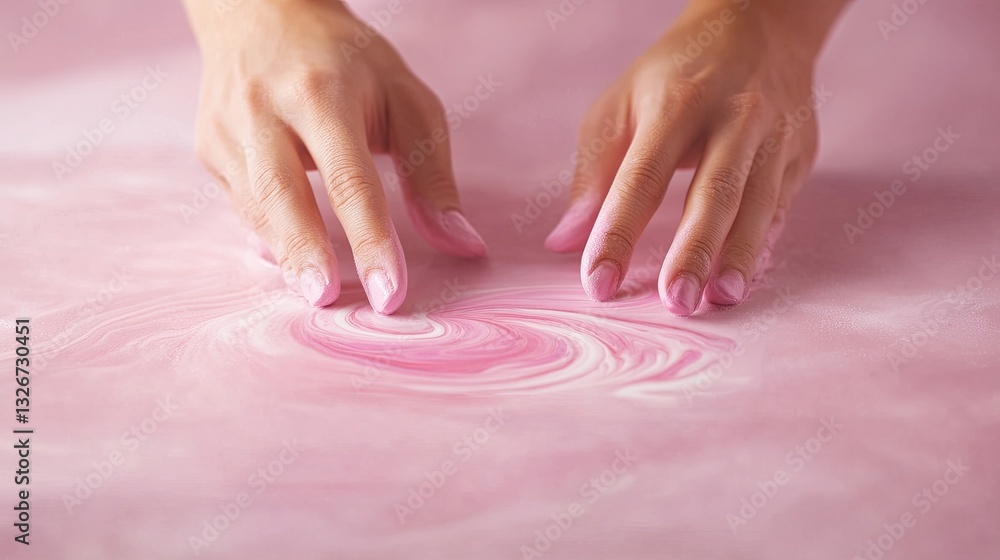 Poster a pair of hands playfully swirls pink material on a smooth surface, creating an artistic and soothin