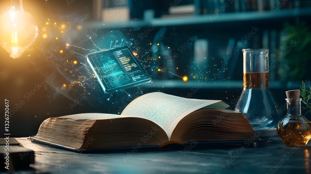 Poster futuristic open book revealing a high tech laboratory filled with floating touchscreens ai systems a